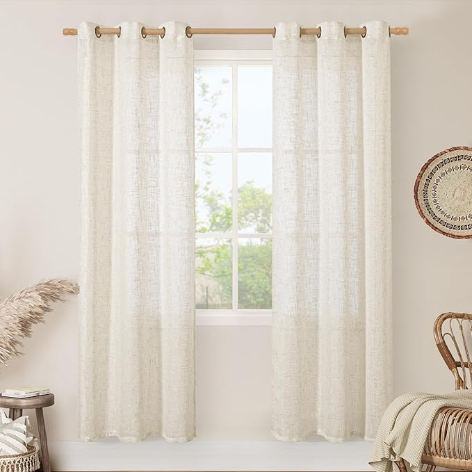 LAMIT Natural Ivory Linen Curtains for Doorway, 80 inch Length Light Filtering Semi Sheer Drapes Bronze Grommet Neutral Panels for Bedroom/Living Room, 34 x 80 Inch, 2 Panels-Ruum Studio Home