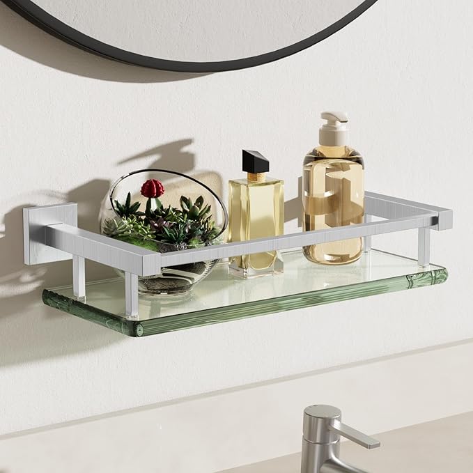 Alise Glass Shelves for Bathroom Wall, Tempered Glass Bathroom Shelf Wall Mounted, Modern Space Saving Floating Shelves 12 inch, Brushed Nickel-Ruum Studio Home