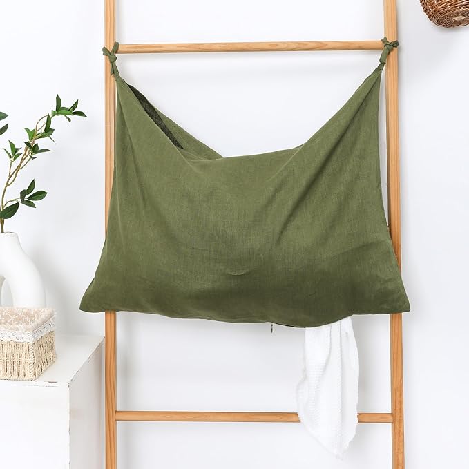 Hanging Linen Laundry Bag, 100% Pure Flax Linen Over The Door Hamper with Bottom Zipper for Laundry Room, Household Dirty Cloth Storage Organizer Bag, Army Green-Ruum Studio Home