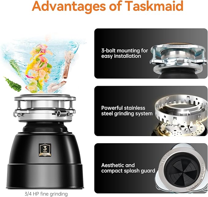 3/4 HP Garbage Disposal, TECASA Food Garbage Disposal with Power Cord, Stainless Steel Grinding System and 3-Bolt Mounting, Continuous Feed Garbage Disposals, Quiet, Taskmaid Series 75-Ruum Studio Home