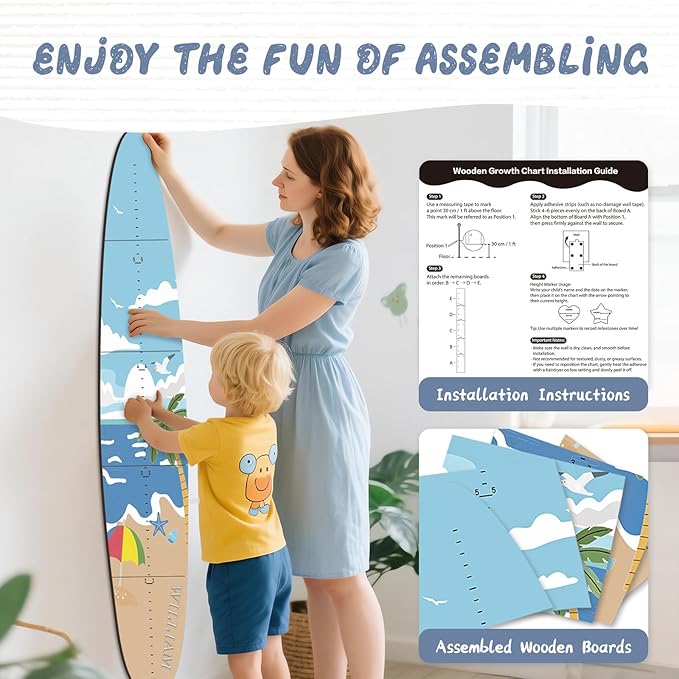 Personalized Name Growth Chart, Surfboard Children's Height Growth Chart Wall Board, Stereoscopic Height Ruler, Precision Height Measuring Instrument for Nursery Room, Includes Tools-Ruum Studio Home