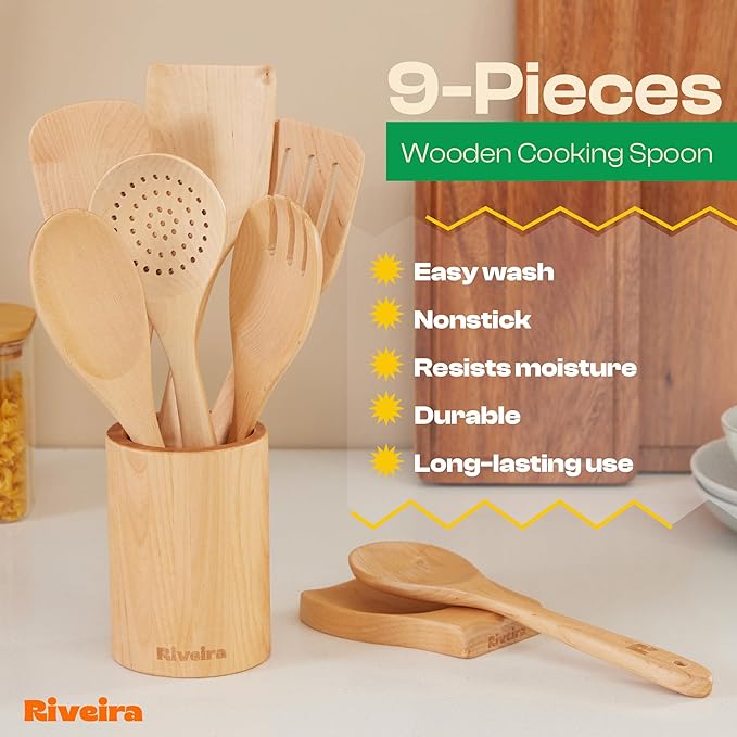 Riveira Maple Wooden Spoons for Cooking Set of 9 – Natural Maple Wooden Cooking Utensils, Wooden Spatula, Wooden Spoon - Premium Quality Wooden Utensil Set for Non-Toxic Cooking-Ruum Studio Home