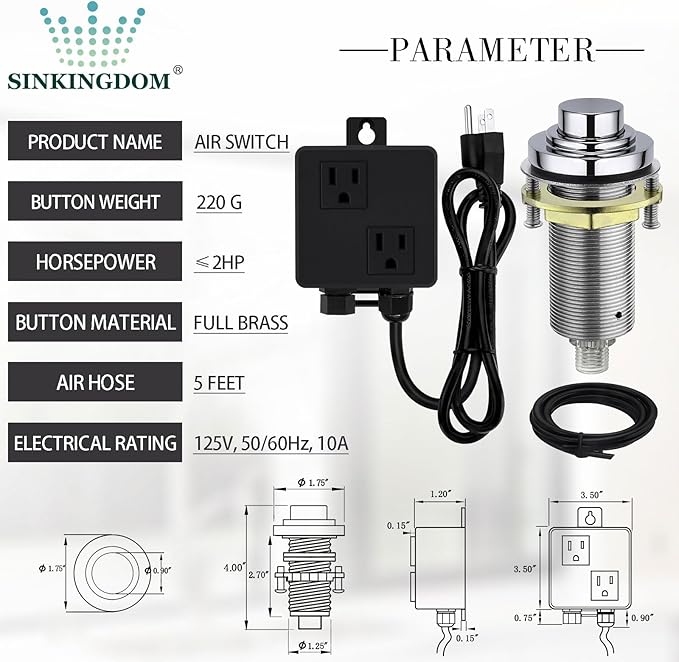 SinkTop Air Switch Kit (Long Full Brass Button) for Disposal, Dual Outlet, (Chrome)-Ruum Studio Home