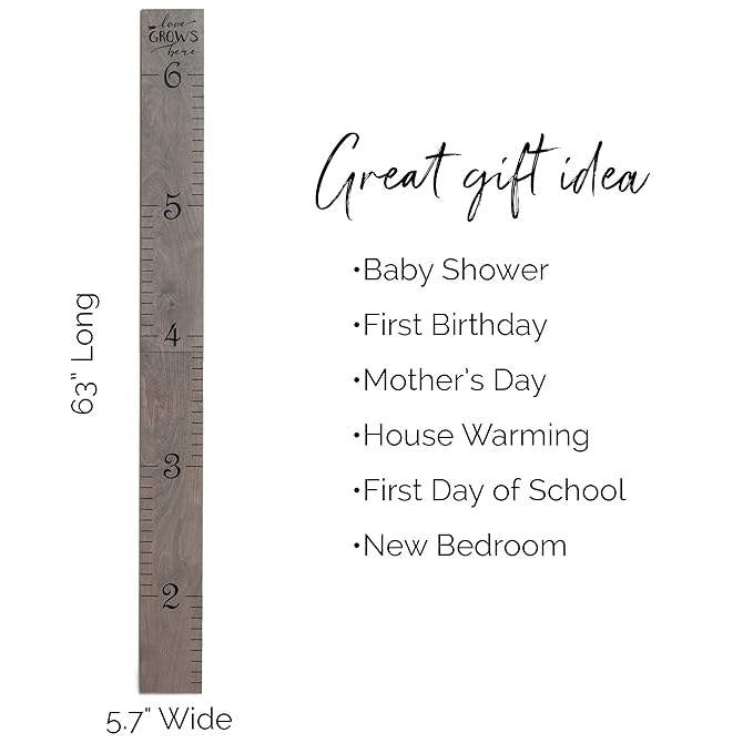 Wooden Growth Chart for Wall - Height Growth Chart for Kids, Kid Height Wall Chart, Height Measurement for Wall, Height Chart for Kids - Love Grows Here, Skinny Grey (63""x5.75"")-Ruum Studio Home