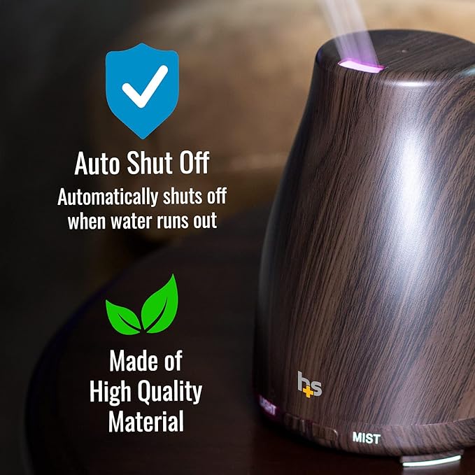 HealthSmart Essential Oil Diffuser, Cool Mist Humidifier and Aromatherapy Diffuser with 150ML Tank Ideal for Small Rooms, Adjustable Timer and Mist Mode, Wood Grain Brown-Ruum Studio Home