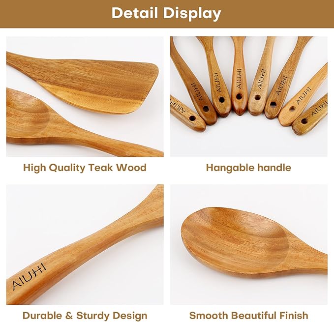 AIUHI Wood Spoons for Cooking, Nonstick Kitchen Utensil Set, Wooden Spoons Cooking Utensil Set Non Scratch Natural Teak Wooden Utensils for Cooking (Teak 8 Pack)-Ruum Studio Home