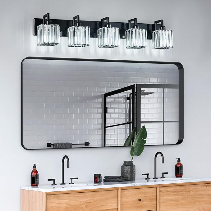 Modern Bathroom Vanity Light 5-Lights Plating Black Vanity Light Crystal Wall Light Bathroom Light Fixtures