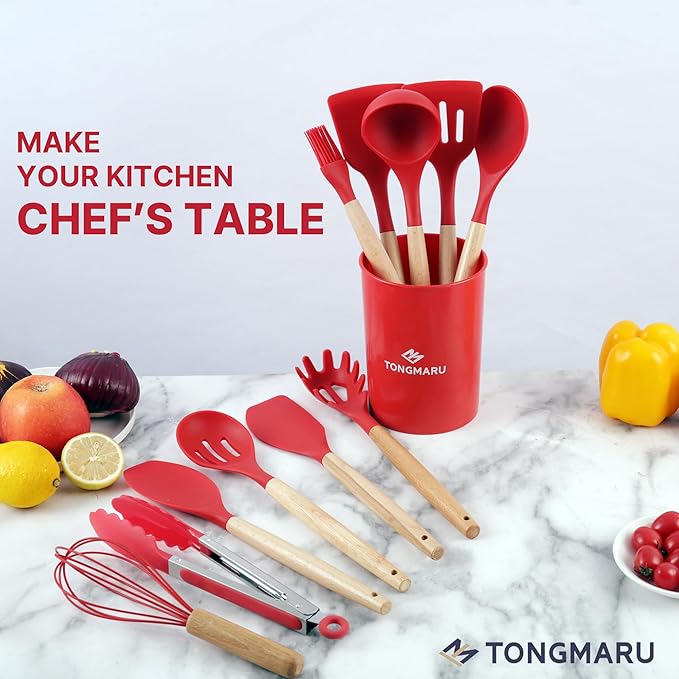 Silicone Cooking Utensils Set, Premium Beech Wood Handle Kitchen Gadgets Utensil Set, Non-Stick Kitchen Utensils Spatula, Tongs, Turner, Whisk, Brush, Spoon, BPA FREE, 446°F Resistant (Red)-Ruum Studio Home