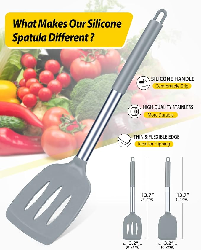 Pack of 2 Silicone Solid Turner, Non Stick Slotted Kitchen Spatulas, High Heat Resistant BPA Free Cooking Utensils, Ideal Cookware for Fish, Eggs, Pancakes(Gray)-Ruum Studio Home