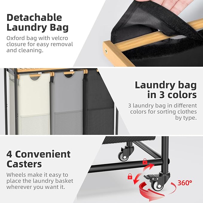 Laundry Hampers 3 Section, Laundry Sorter with Removable Shelf and Pull-Out Bags, Clothes Hampers with Wheels Rolling Cart Basket for Laundry Room Bathroom, 3 x 40 L (Black White Gray)-Ruum Studio Home