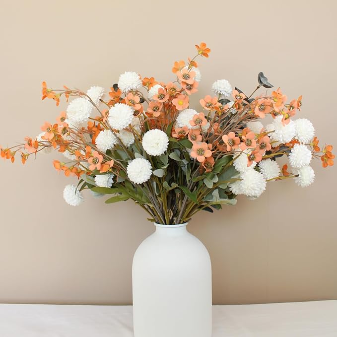 RyddeligHome Artificial White Kiku & Orange Wax Flowers, Bulk Silk Flowers with Long Stems for Vases, Spring Floral Stems Arrangements for Home Decor, Centerpieces for Tables, Rustic Decorations-Ruum Studio Home