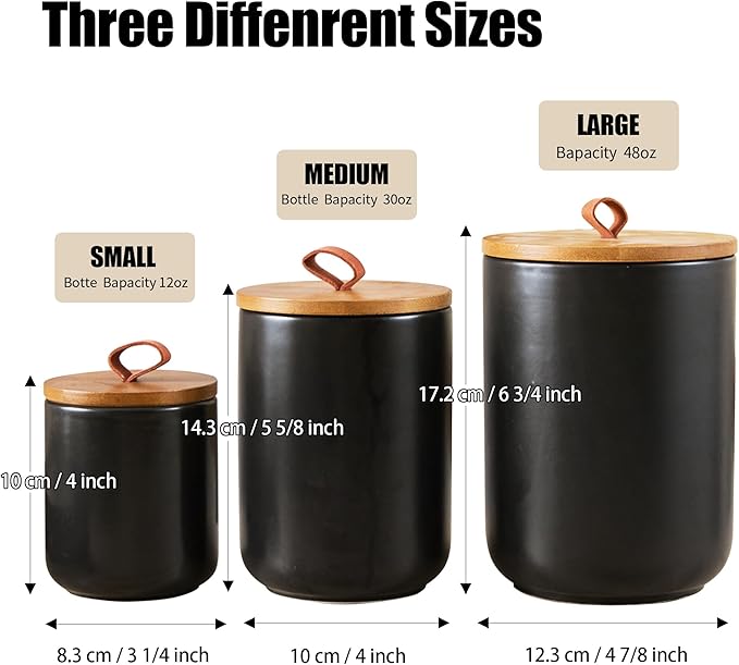 Black Canister Sets for Kitchen, 3pcs Ceramic Canisters with Airtight Wooden Lid, Food Storage Jar, Large Kitchen Storage Containers for Serving Coffee Beans, Tea, Sugar, Salt, Spices-Ruum Studio Home