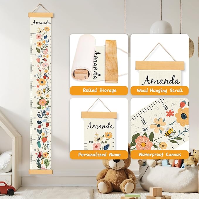 Personalized Name Growth Chart Wall Decor for Kids – Canvas Removable Height Chart Measuring Ruler 59" x 7.9" (Flowers)-Ruum Studio Home