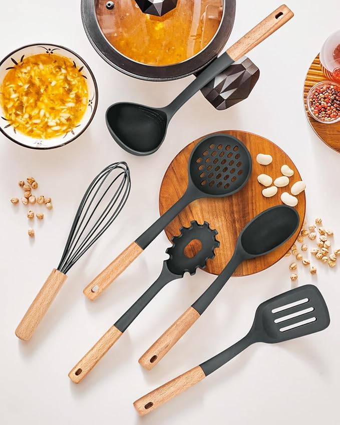 Kitchen Utensils Set, 13PCS Silicone Cooking Utensils, Heat Resistant Kitchen Utensil Spatula Set for Nonstick Cookware, Wooden Handles Kitchen Gadgets Tools Set-Ruum Studio Home