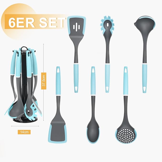 6-Piece Silicone Kitchen Utensil Set with Rotating Stand, Non-Stick, Heat-Resistant (400°F), Nylon Handle, Cooking Spatula Set for Baking & Cooking, Light Blue-Ruum Studio Home