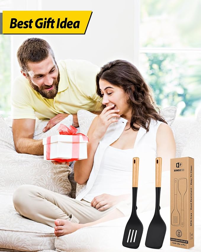 Pack of 2 Large Silicone Spatula, Heat Resistant Solid Turner, Non Stick Slotted Spatulas with Wooden Handle, Ideal Kitchen Utensils for Flipping, Pancakes, Eggs, Fish(BLACK)-Ruum Studio Home