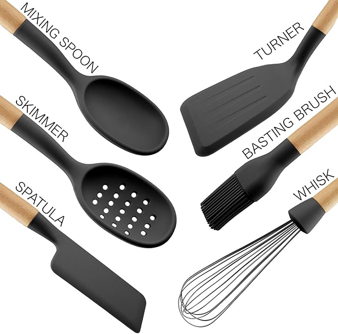 Country Kitchen Non Stick Silicone Utensil Set with Rounded Wood Handles for Cooking and Baking, 6 Piece Set, Black-Ruum Studio Home