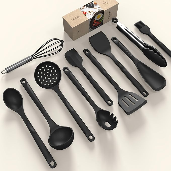 Silicone Cooking Utensils Set - 600°F Heat Resistant, Nonstick Kitchen Utensil Set with Spatulas, Spoons, Whisk, Tongs, BPA Free, Dishwasher Safe, Black-Ruum Studio Home