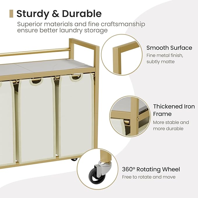 Laundry Hamper, Laundry Basket, Laundry Sorter with 3 Removable Bags, Clothes Basket with 3 Compartments, Wheels, Shelf for Laundry Room Bathroom Bedroom (3 Bags-Golden)-Ruum Studio Home