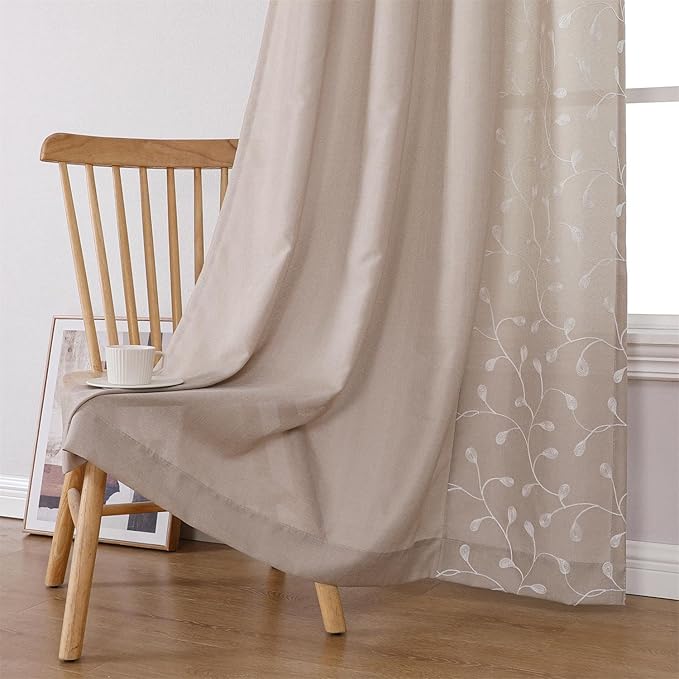 MIUCO Light Filtering Faux Linen Curtains - 95 Inch Long Bedroom & Living Room Drapes, Linen Floral Embroidered Solid Mix & Match, Semi Sheer Grommet Farmhouse Curtains, 2 Panels Set-Ruum Studio Home