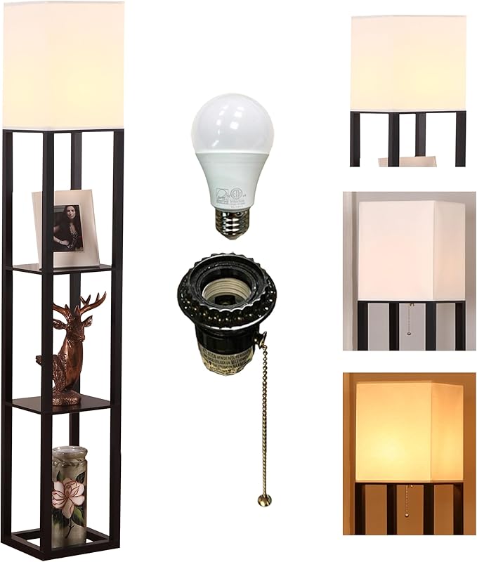 HomeFocus - Floor Lamp with Shelves,Shelf Floor Lamp with LED Bulb,Bookshelf Corner Display Lamp for Living Room,Bedroom and Office,White Linen Shade,Rustic Wood,Black-Ruum Studio Home