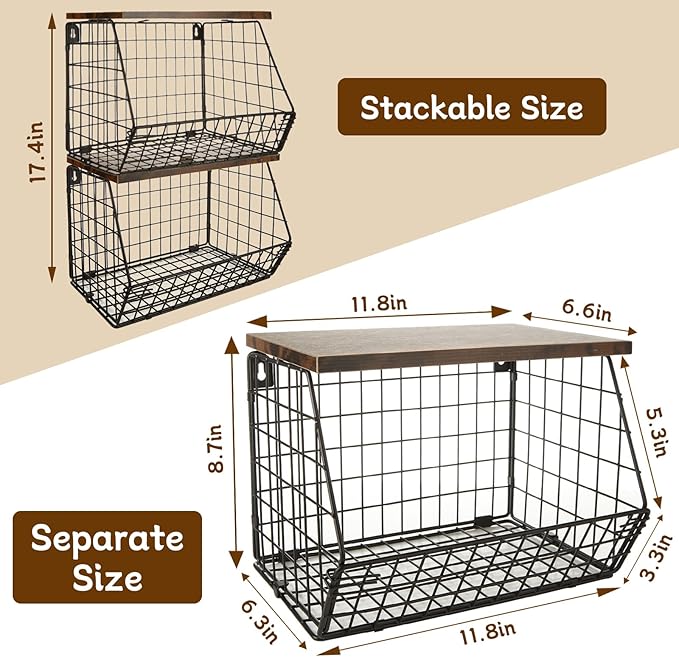 CYEAH 2 Pcs Stackable Fruit Basket for Kitchen, Hanging Wall Fruit Basket with Wood Lid, Space Saving Wall Mounted Mesh Metal Wire Baskets, Kitchen Counter Organizer for Snack, Onion, Potato Storage-Ruum Studio Home