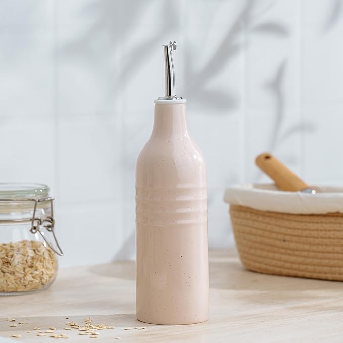 famiware Jupiter 16oz Ceramic Olive Oil Dispenser Bottle, 1 Piece Oil Dispenser for Kitchen with Stainless Steel Pourers, Suitable for Storage Vinegar, Soy Sauce, Coffee Syrup, Light Pink-Ruum Studio Home
