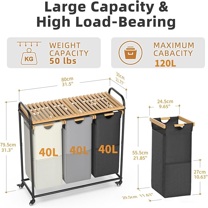 Laundry Hampers 3 Section, Laundry Sorter with Removable Shelf and Pull-Out Bags, Clothes Hampers with Wheels Rolling Cart Basket for Laundry Room Bathroom, 3 x 40 L (Black White Gray)-Ruum Studio Home