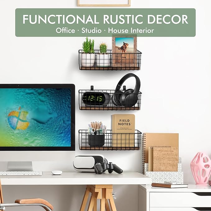 Wall Hanging Baskets 3 Pack, Extra Large Diversified Wire Basket Shelves of Wooden Style, with Wall Mounted Hooks & Traceless Stickers, for Kitchen Coffee Bar Office Room Garage Storage Organization-Ruum Studio Home