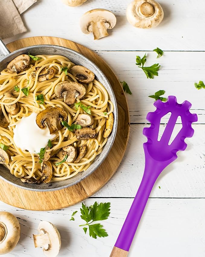 Silicone Pasta Fork, Kitchen Heat Resistant Noodle Spoon Server, BPA Free Spaghetti Strainer,12.8 inch (BERRY)-Ruum Studio Home