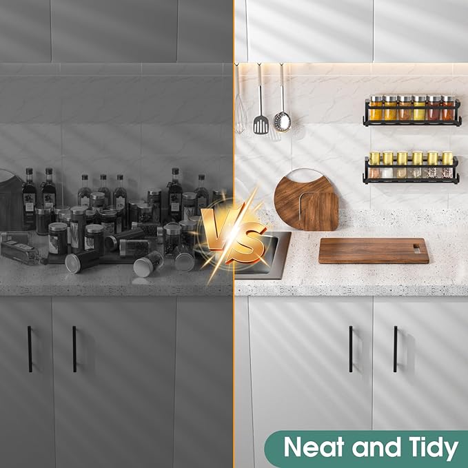 LUCYCAZ 4 Pack Wall Mounted Spice Rack with 16 Hooks, Spice Organizer Shelf for Stove Cabinet Pantry Door,Screw or Adhesive Spice Shelf Hanging Wall Spice Rack in Kitchen and RV (Black, 4 PACK)