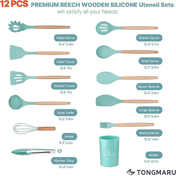 Silicone Cooking Utensils Set, Premium Beech Wood Handle Kitchen Gadgets Utensil Set, Non-Stick Kitchen Utensils Spatula, Tongs, Turner, Whisk, Brush, Spoon, BPA FREE, 446°F Resistant (Mint)-Ruum Studio Home