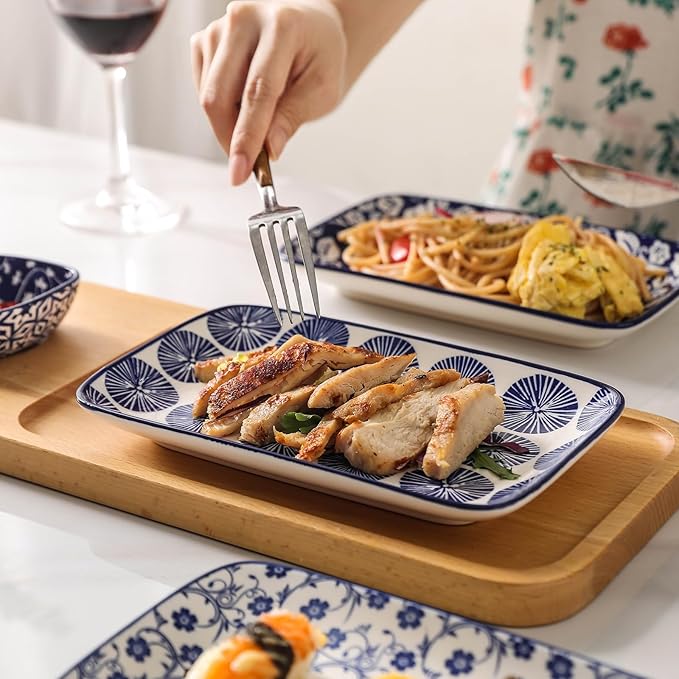 Selamica Ceramic Rectangular Salad Plates Set, Dinner Plate 9.4 Inch Dessert Plates for Party Entertaining, Small Serving Plates for Appetizers, Sushi, Fruit, Set of 4, Vintage Blue-Ruum Studio Home