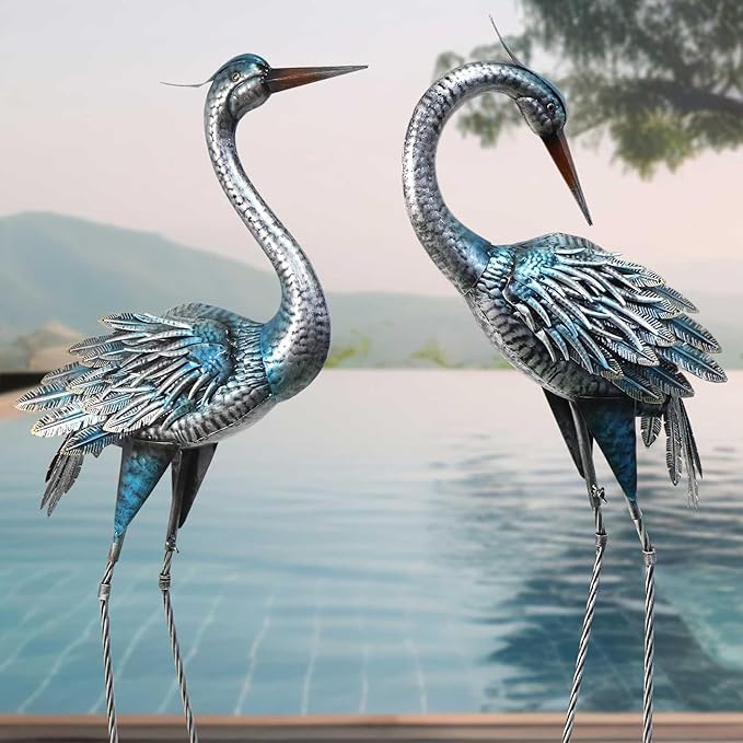 Crane Decor Statues, Blue Heron Garden Statues Metal Yard Art Outdoor Decoy, Garden Sculptures for Yard/Lawn/Pond/Outdoor Decoration, Set of 2-Ruum Studio Home