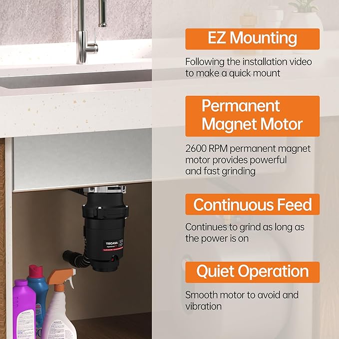1/2 HP Garbage Disposals, TECASA Continuous Feed, Stainless Steel Food Waste Grinding System for Kitchen Sink Food Waste, Power Cord Included, Black - HyperCrush 50-Ruum Studio Home