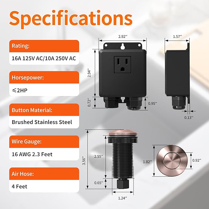 Joinfworld Garbage Disposal Air Switch Kit Waterproof Garbage Disposal Button Kit with Long Garbage Disposal Switch Copper - UL Listed-Ruum Studio Home