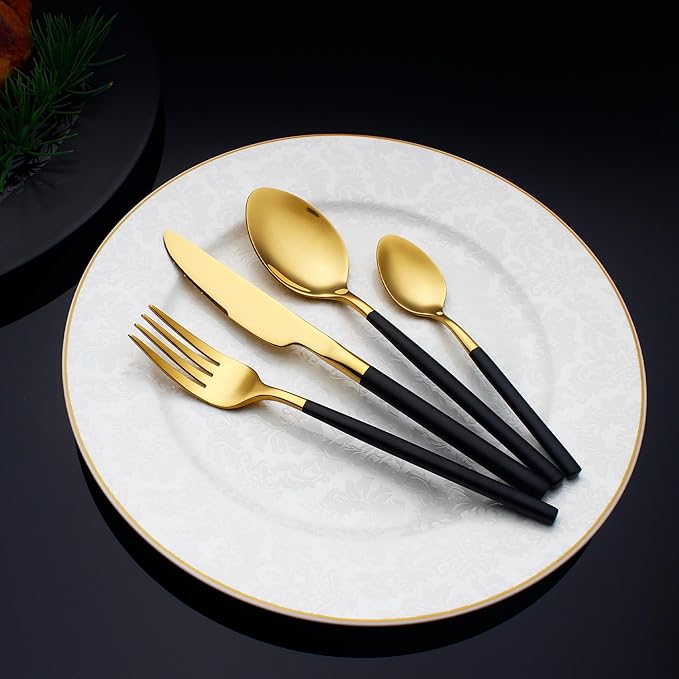24 Piece Silverware Set For 6 Gold & Matte Black Handle Heavy duty 18/10 Stainless Steel Flatware Set Modern Design Knife/Fork/Spoon Mirror Polished Dishwasher Safe Cutlery Set with Gifts-Ruum Studio Home