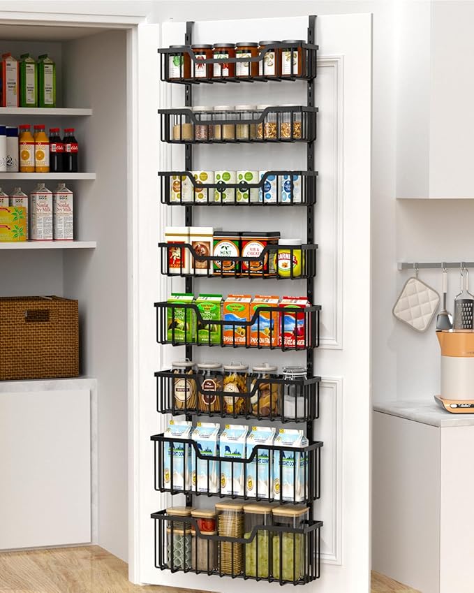 Over The Door Pantry Organizer, 8-Tier Pantry Door Organizer Shelves | 3 Sizes | Adjustable Basket | Metal Hanging Spice Rack for Kitchen, Pantry, Cabinet, Back of Door Seasoning Rack, Black-Ruum Studio Home