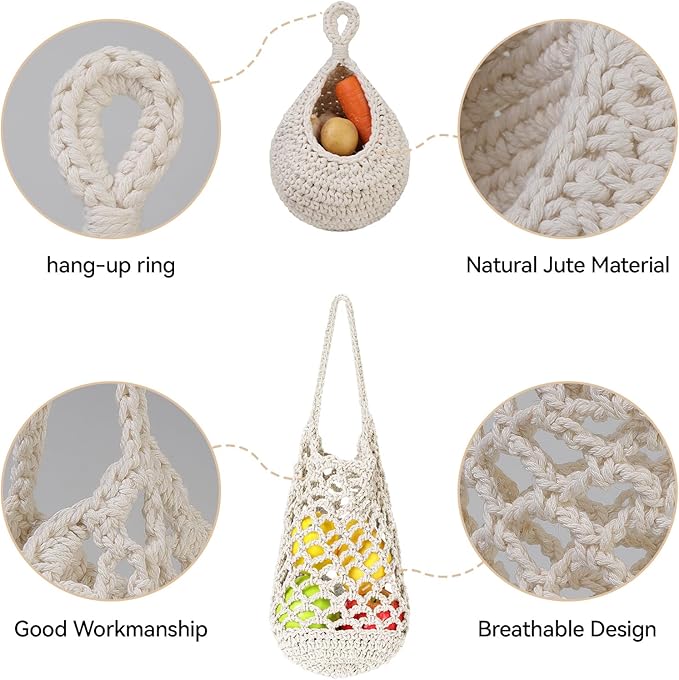 AARAINBOW Boho Wall Hanging Baskets for Kitchen Storage, Fruit Woven Wall Basket 9 Pcs, Hanging Vegetable and Onion Storage with 24 Hooks (White)-Ruum Studio Home