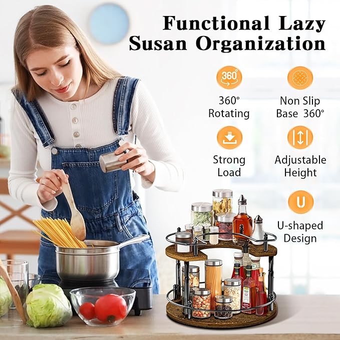 2-Tier Lazy Susan Organizer Turntable Spice Organization U-Shape 11.8" Rotating Spice Rack Height Adjustable for Cabinet, Pantry, Kitchen Countertop, Party-Ruum Studio Home