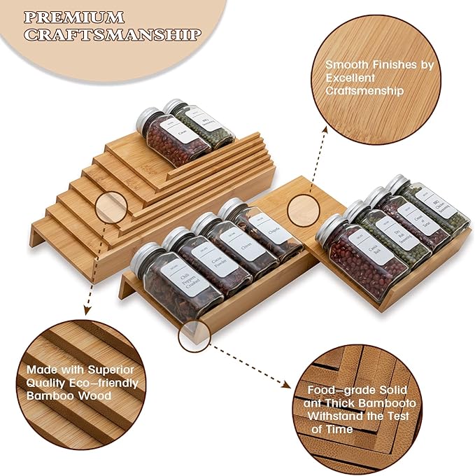 Bamboo Spice Rack Drawer Organizer - 8 Pieces Set- 9" Wide Per Piece - Combine Pieces Into 18" Wide Rack (9" or 18")-Ruum Studio Home