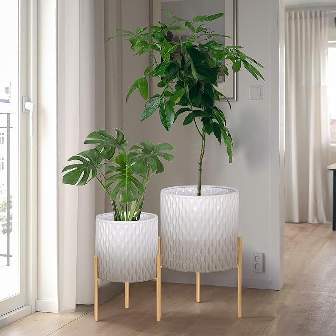 ARNIS Plants Pots with Stand, Set of 2 Indoor Planter Pots, Unique Mid Century Decorative Metal Flower Pots with Drainage,8.25 & 10.5 Inch, Grey and White-Ruum Studio Home