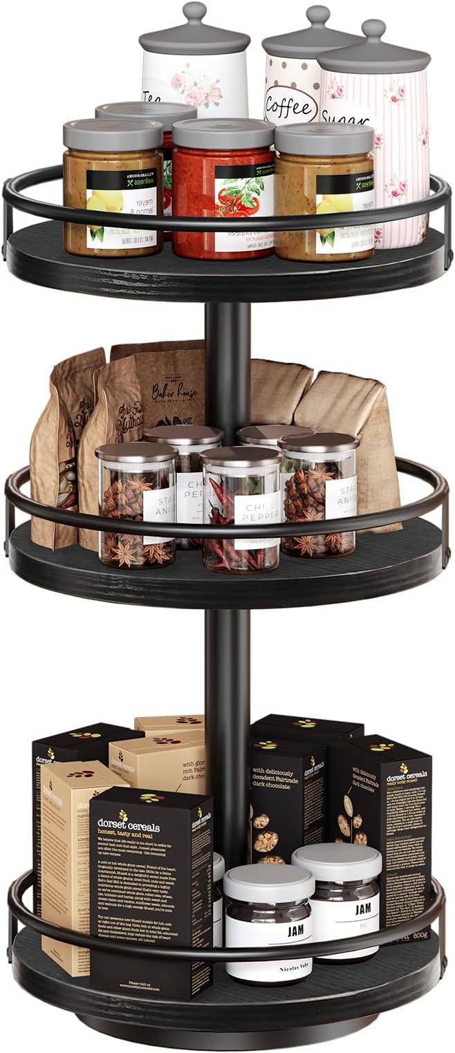 HOOBRO Lazy Susan Organizer, Rotating Spice Rack, 3-Tier Organizer, Turntable Spice Rack, Vertical Storage Organizer, for Kitchen Countertop, Vanity, Dining Table, Black BB09TL01-Ruum Studio Home