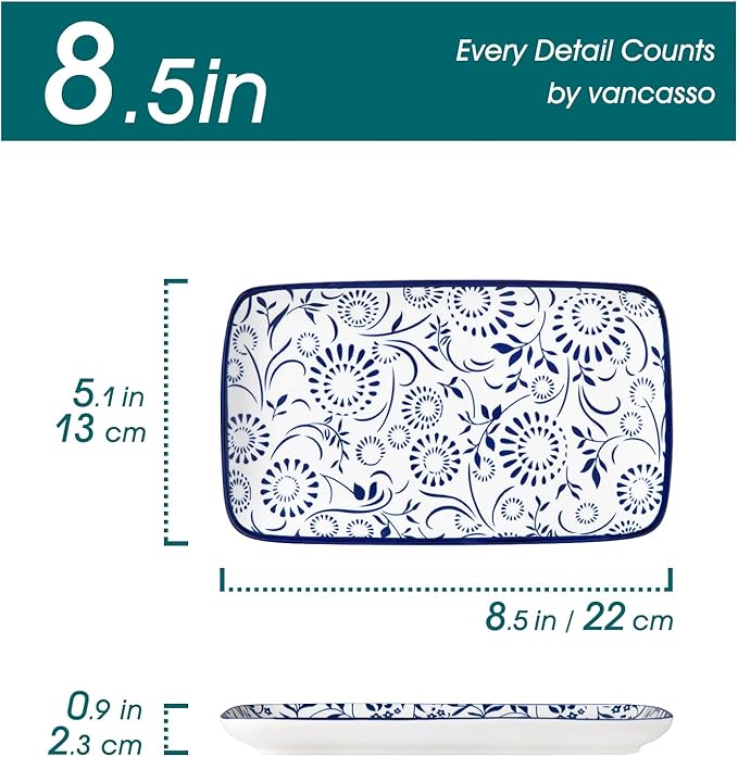 vancasso Selene 8.5 Inch Rectangular Salad Plates Set of 6, Ceramic Salad Plates for Sushi, Dessert, Appetizer, Porcelain Platters for Kitchen Decor, Microwave & Oven Safe, Vintage Blue & White Color-Ruum Studio Home