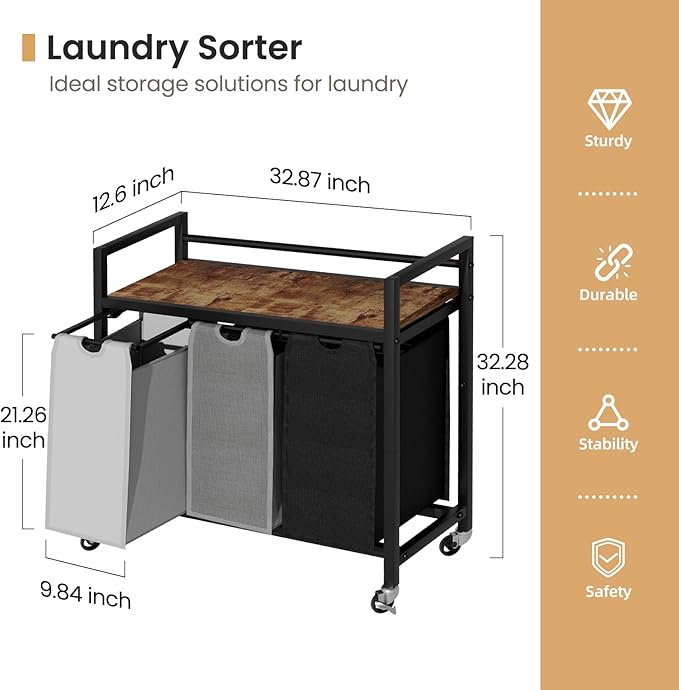 Laundry Hamper, Laundry Basket, Laundry Sorter with 3 Removable Bags, Clothes Basket with 3 Compartments, Wheels, Shelf for Laundry Room Bathroom Bedroom (3 Bags-Black Grey White)-Ruum Studio Home