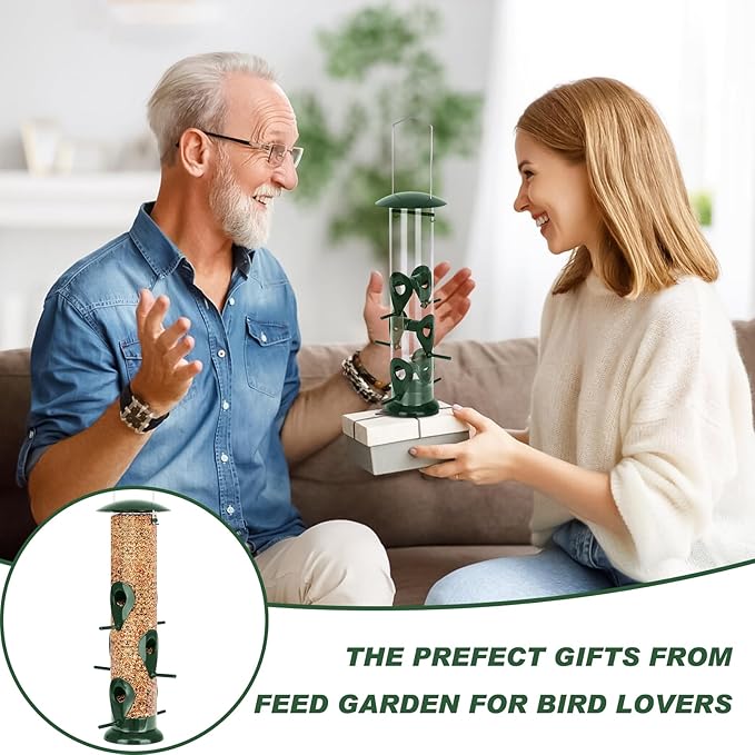 FEED GARDEN Metal Tube Bird Feeders for Outdoors Hanging, 6-Port Bird Feeder for Outside, Finch Feeders for Outside, Squirrel Proof Bird Feeders with Heavy Duty Metal Lid, Chew-Proof, 13 Inch Green-Ruum Studio Home