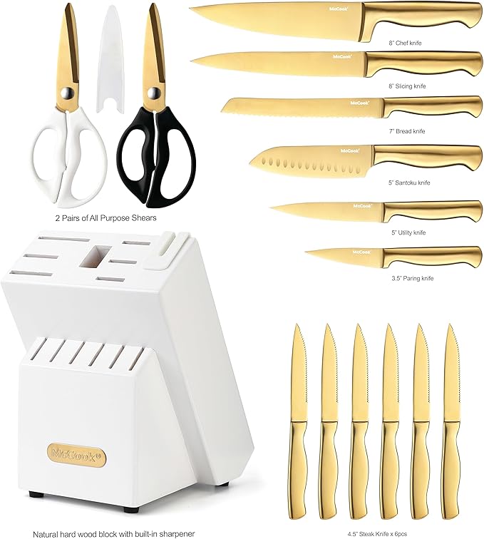 McCook® Knife Sets, Golden Titanium Stainless Steel Kitchen Knife Block Sets with Built-in Sharpener-Ruum Studio Home