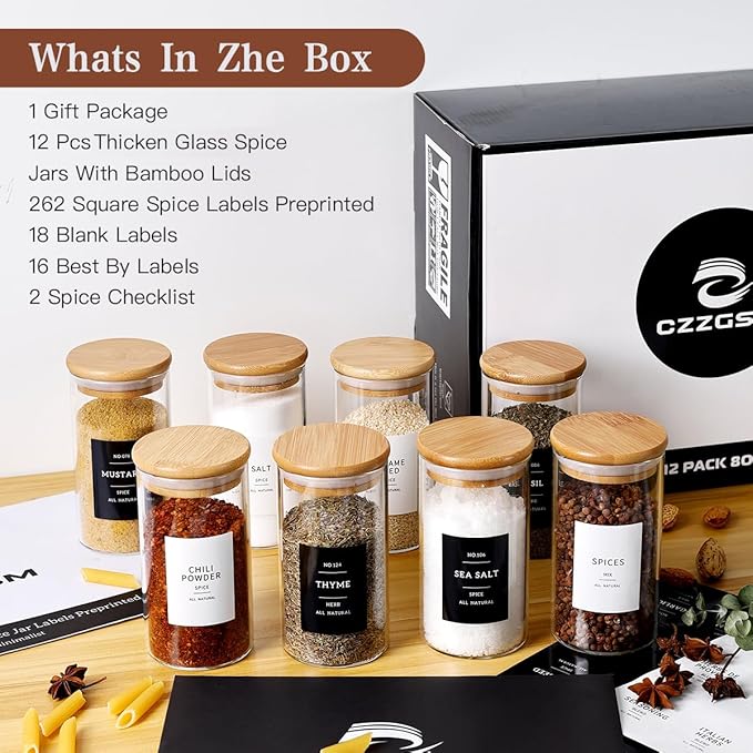 12 Pcs Glass Spice Jars With 296 Spice Labels Preprinted of White and Black Color- 10oz Thicken(2.4mm) Spice Containers With Bamboo Airtight Lids - Empty Small Herb Seasoning Jars-Ruum Studio Home