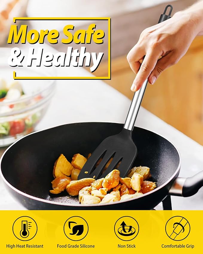 Pack of 2 Silicone Solid Turner, Non Stick Slotted Kitchen Spatulas, High Heat Resistant BPA Free Cooking Utensils, Ideal Cookware for Fish, Eggs, Pancakes(Black-White)-Ruum Studio Home