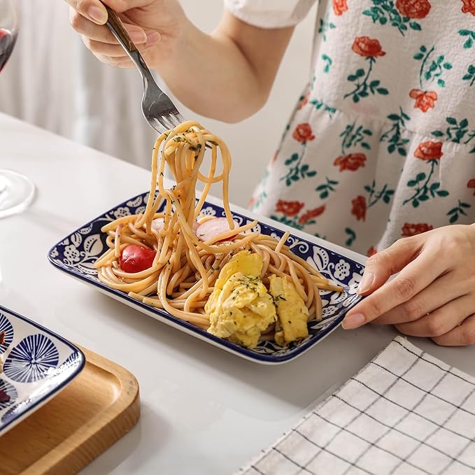 Selamica Ceramic Rectangular Salad Plates Set of 4, 8 Inch Small Serving Plates for Appetizers, Sushi, Fruit, Vintage Blue-Ruum Studio Home